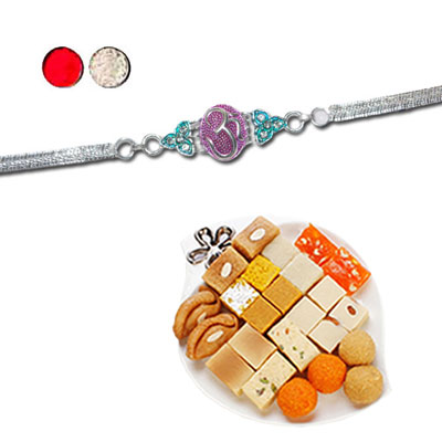 "Silver Coated Rakhi - SIL-6010 A (Single Rakhi), 500gms of Assorted Sweets - Click here to View more details about this Product